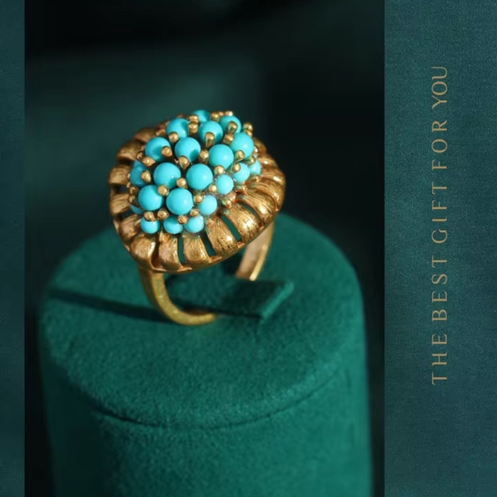 Golden Age Victorian Turquoise Treasure Antique Brass Masterpiece Ring - Picture 11 of 14